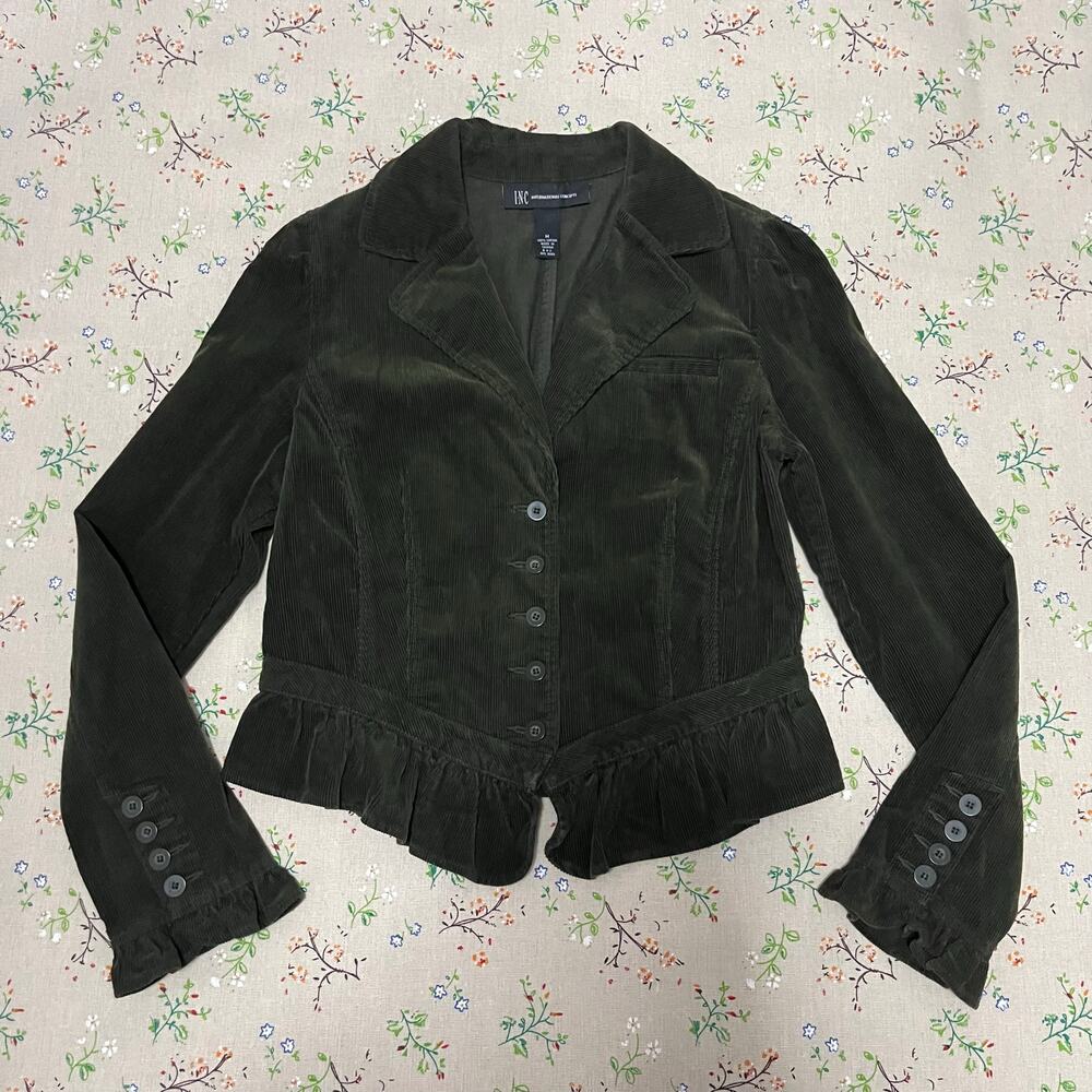 VTG INC Corduroy Jacket Green Med Button Front V Waist Victorian Cottage Preppy
